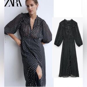 Zara Polka Dot Button Down Ruffled Midi Dress, NWT, S